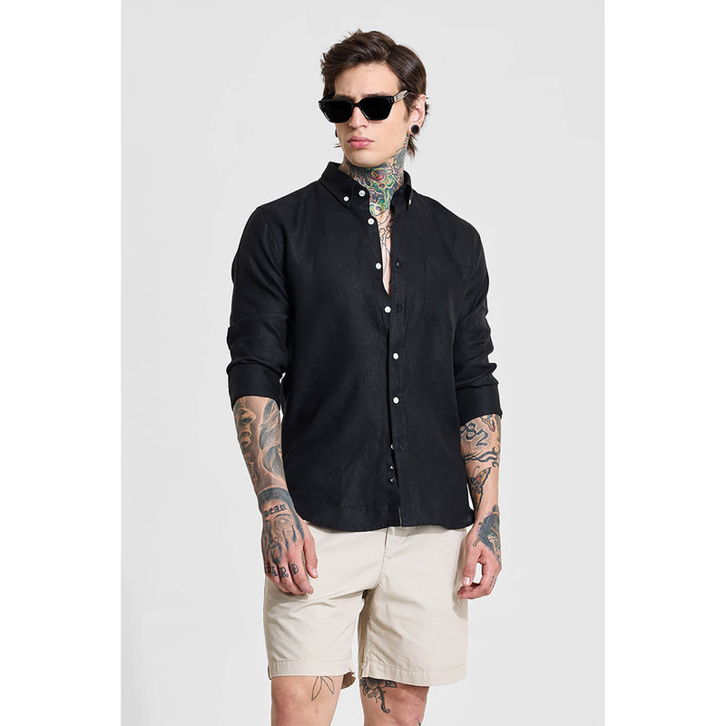 Snitch Black Plain Full Sleeves Slim Casual Shirt for Men (L)