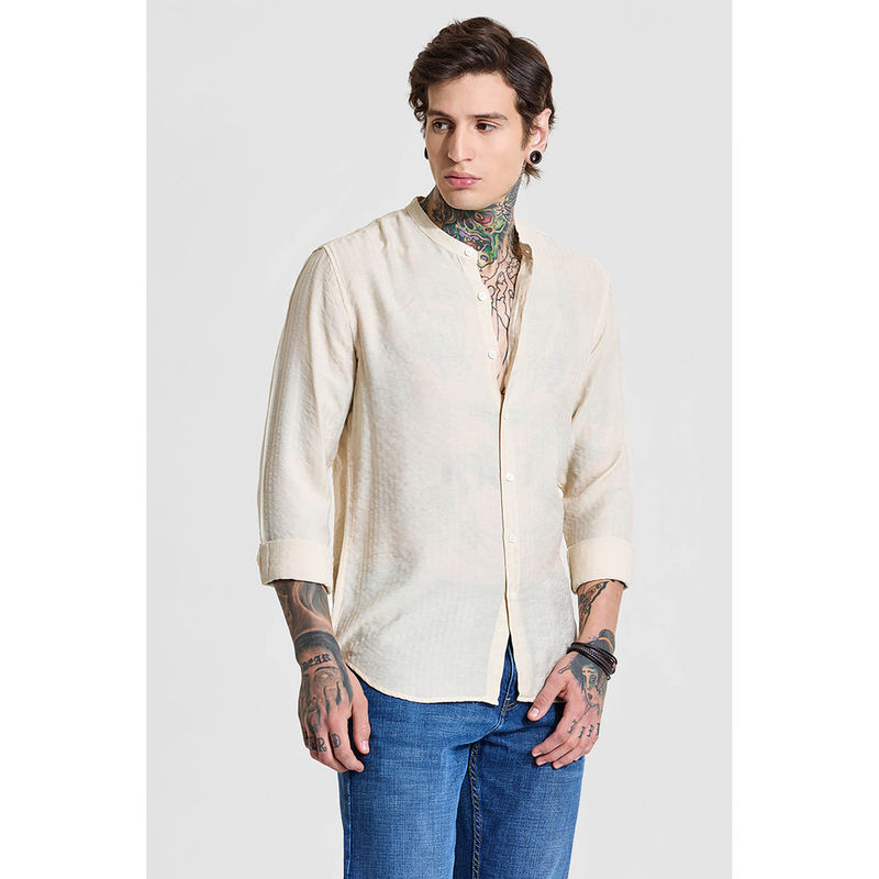 Snitch Beige Solid Full Sleeves Slim Casual Shirt for Men (L)