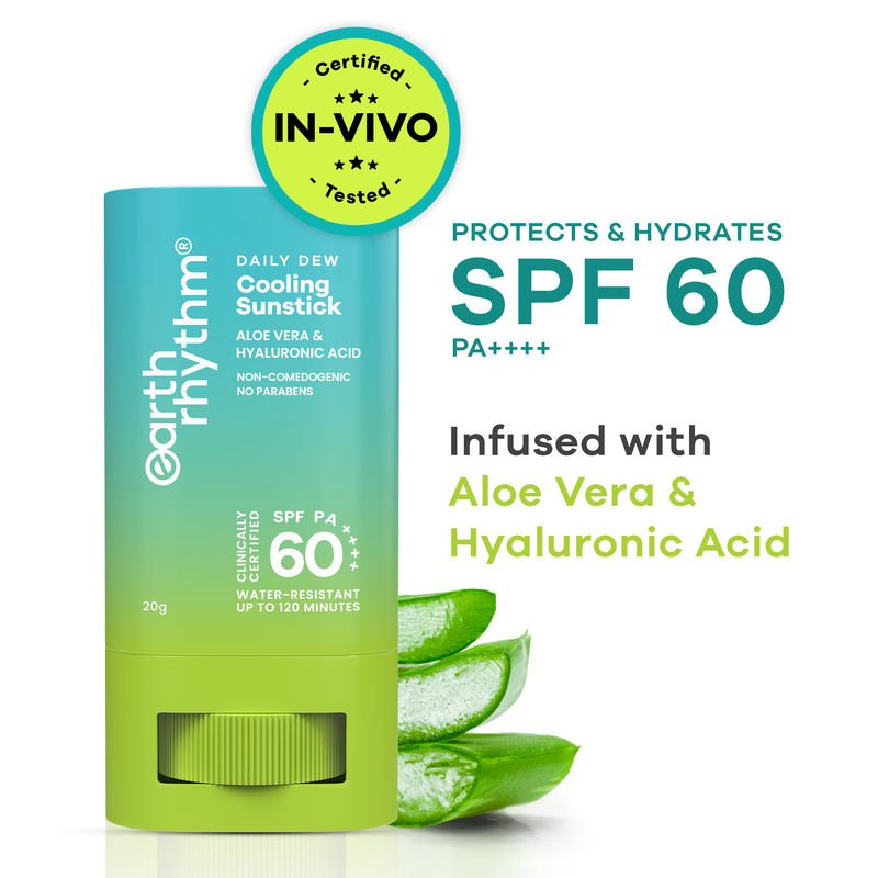 Earth Rhythm Daily Dew Cooling Sunstick SPF 60 PA ++++ Hyaluronic Acid & Aloe Vera, In Vivo Tested