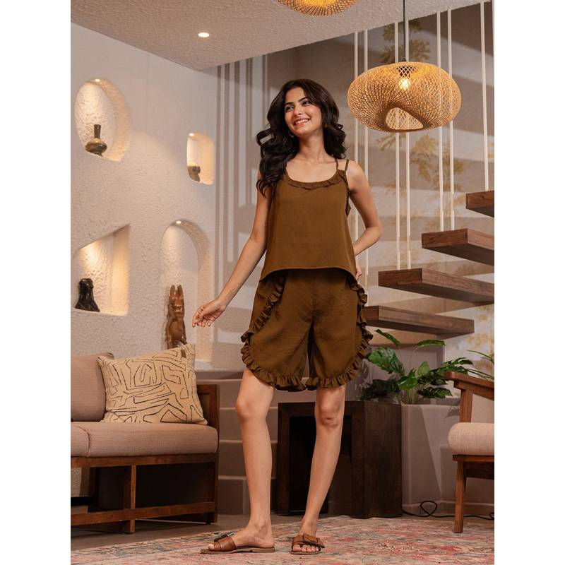 FEATHERS CLOSET Russet Brown Soft Crepe Sleeveless Top And Ruffle Shorts (Set of 2) (S/M)