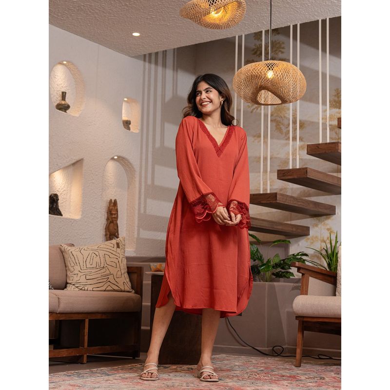 FEATHERS CLOSET Rust Orange Soft Crepe V-Neck Midi Night Dress (L/XL)