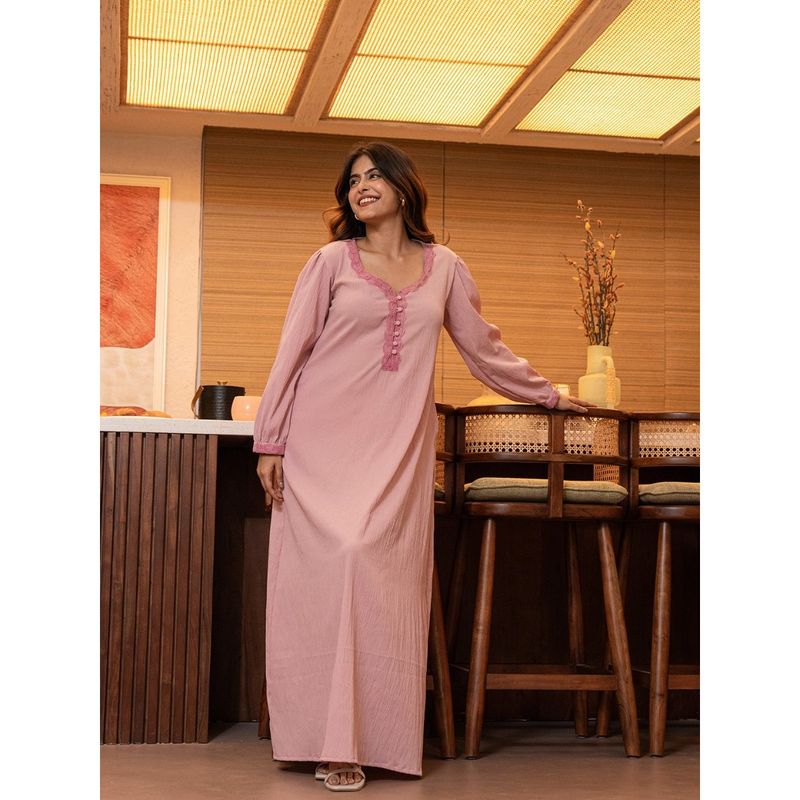 FEATHERS CLOSET Taffy Pink Soft Crepe Night Maxi (2XL)