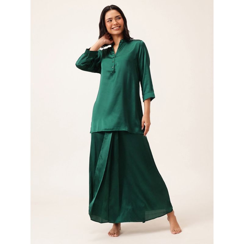 Clovia Chic Basic Satin Long Button Down Top With Dhoti Style Skirt (Set of 2) (L)