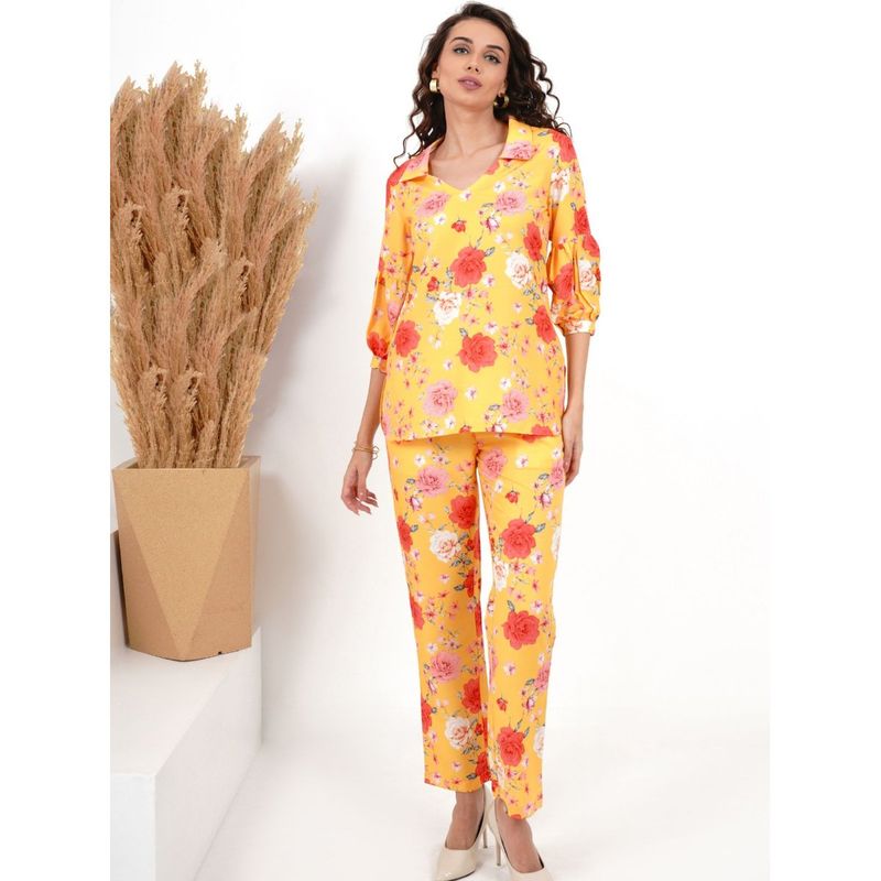 Slumber Jill Floral Allure Collared Puff Sleeve Printed Coord Top and Pajama (Set of 2) (S)