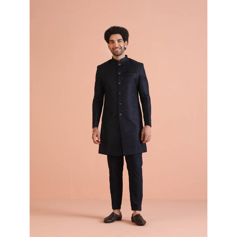 KISAH Men Navy Blue Textured Silk Blend Jacquard Indowestern Sherwani Trouser Set with Zari Design (38)