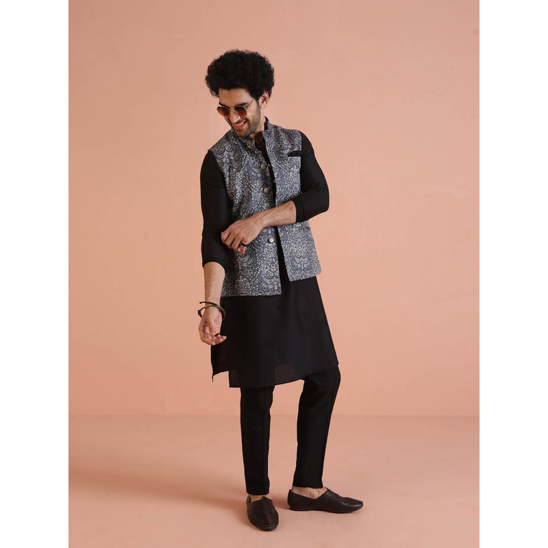 KISAH Men Ash Grey Printed Cotton Blend Kurta Jacket Trouser Set with Ethnic Motifs (44)