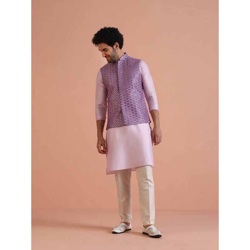 KISAH Men Lilac Embroidery Silk Blend Kurta Jacket Trouser Set with Mirror Work Design (40)