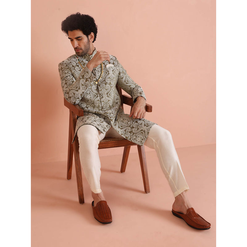 KISAH Men Olive Sherwani Trouser Set (Set of 2) (40)
