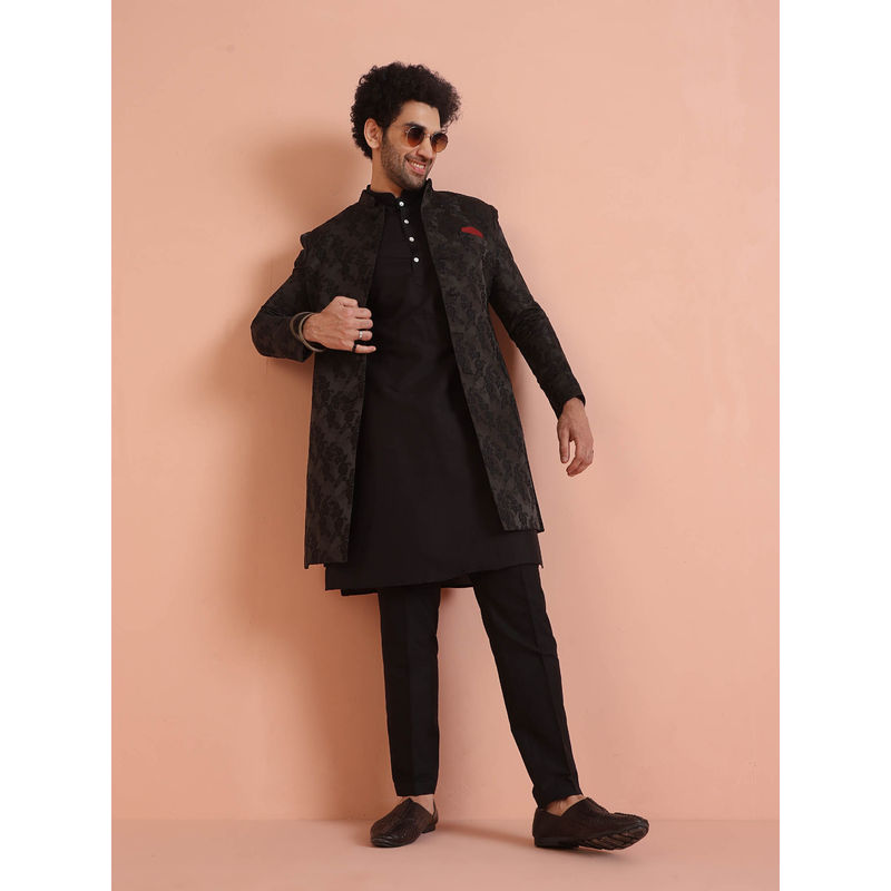 KISAH Men Black Textured Silk Blend Jacquard Kurta Indowestern Sherwani Trouser Set with Floral Design (38)