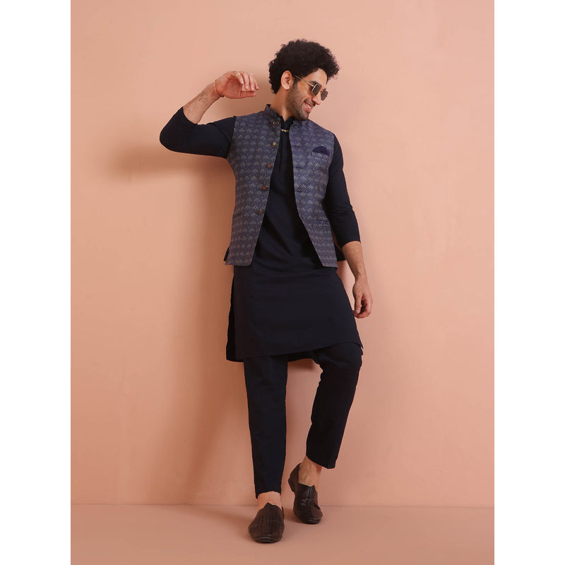 KISAH Men Blue Woven Silk Blend Jacquard Kurta Jacket Trouser Set with Embellishment (38)