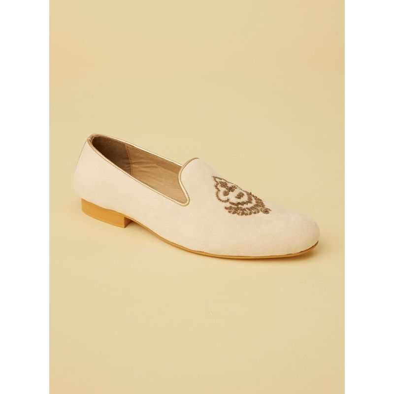 Manyavar Cream Jasmine White Diamond Patterned Loafer Style Mens Ethnic Shoes (UK 7)