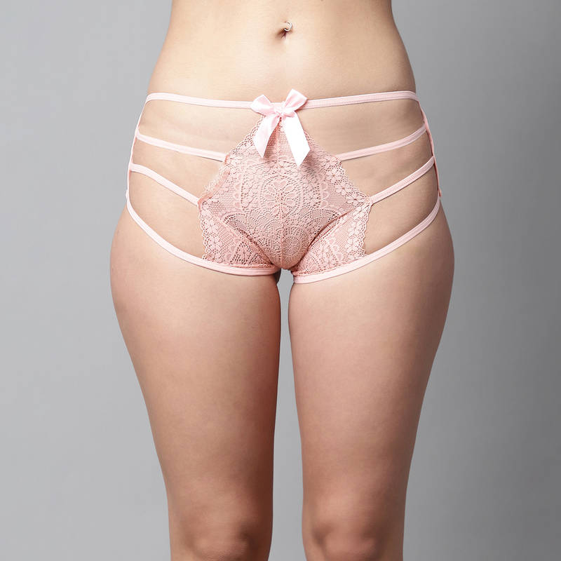 PrettyCat Women Pink High Waist Sexy Bikini Panty with Cage Detailing - Lace (L)