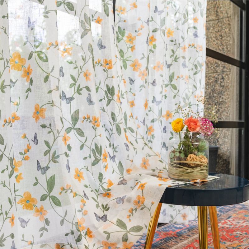 Urban Space Sheer Curtain for Door with Eyelets & Tieback-Floral Yellow (Set of 2) (7x4 feet)