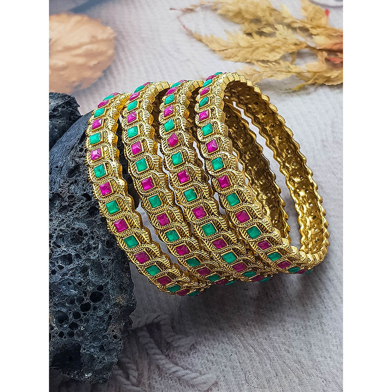 GRIIHAM Gold Plated Studded Pack of 4 Multi Stone Bangles (2.6)