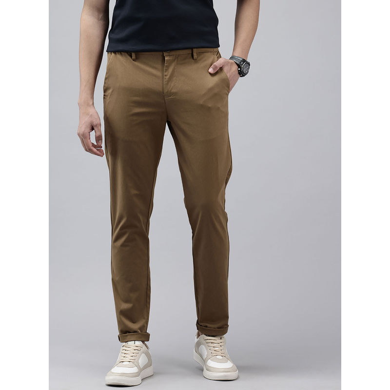GENIPS Men Brown Striped Cotton Slim Fit Casual Trouser (30)