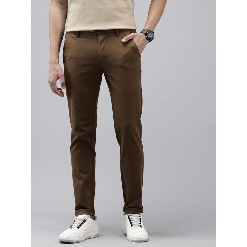 GENIPS Men Brown Solid Cotton Slim Fit Casual Trouser (42)