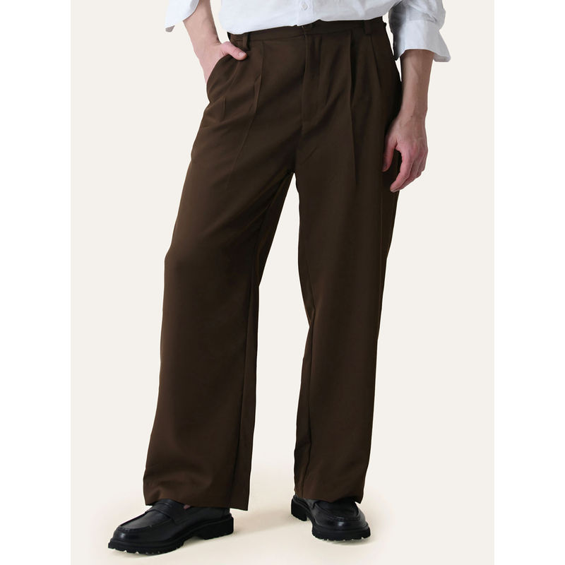 Perch Brown Solid Pleated Korean Pant (32)