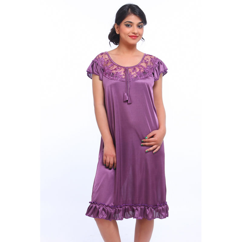 Fasense Stylish Women Satin Nightwear Sleepwear Short Nighty - Purple (M)
