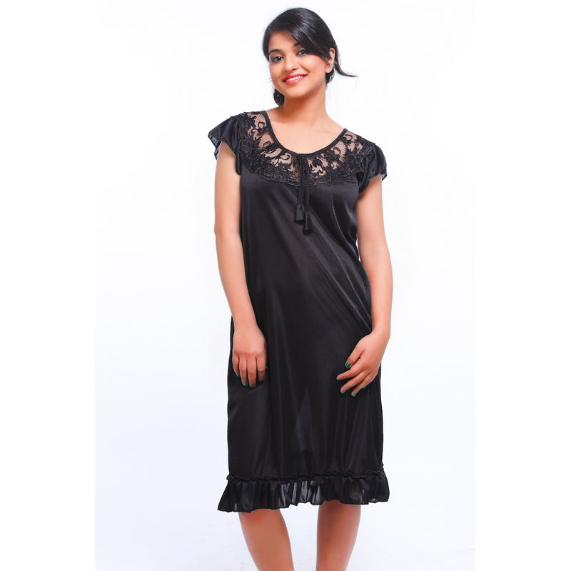 Fasense Stylish Women Satin Nightwear Sleepwear Short Nighty - Black (M)