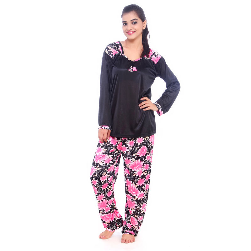 Fasense Stylish Women Satin Nightwear Sleepwear Top & Pyjama Set - Multi-Color (M)