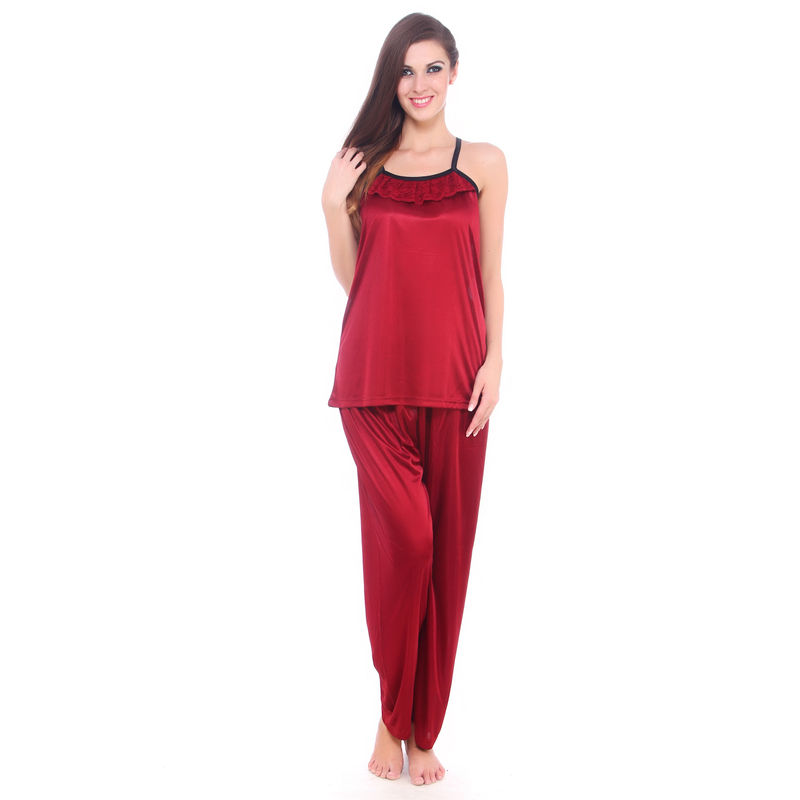 Fasense Stylish Women Satin Nightwear Sleepwear Top & Pyjama Set - Maroon (M)