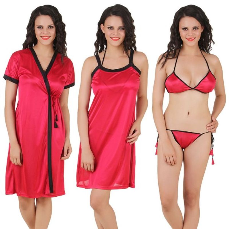 Fasense Women Satin Nightwear 4 PCs Set, Nighty, Robe, Bra & Thong - Pink (M)