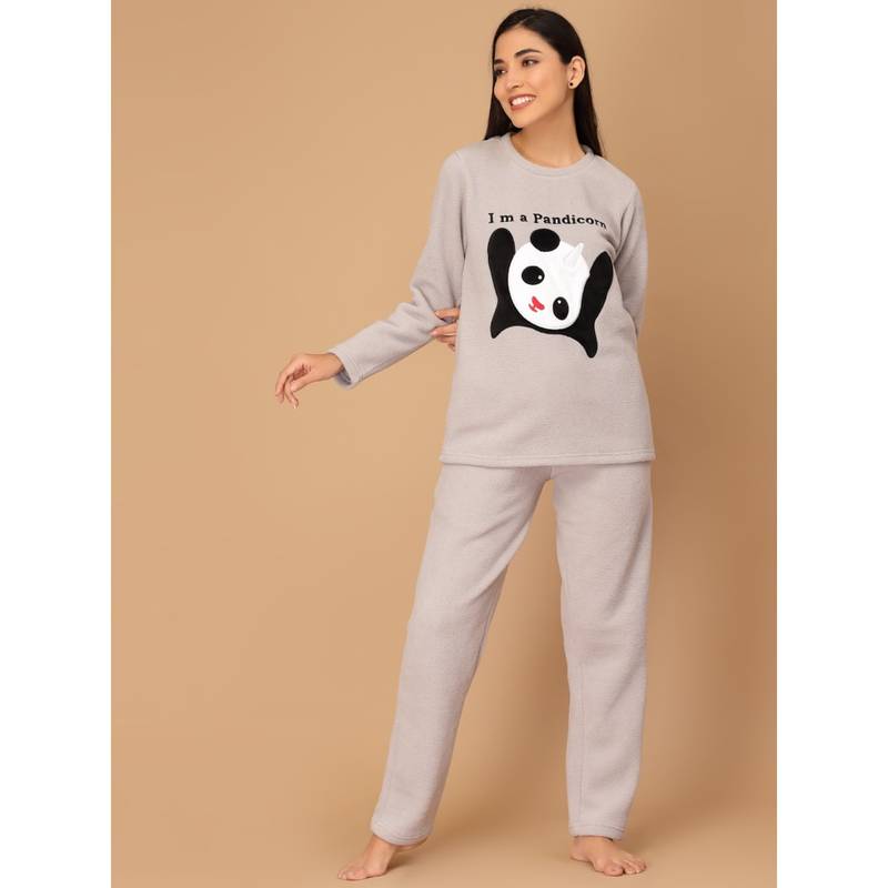 Sweet Dreams Women Applique Round NeckPolar Fleece Winter Nightsuit Grey (Set of 2) (XL)