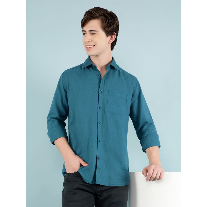 CRIMSOUNE CLUB Men Teal Solid Linen Shirt (S)