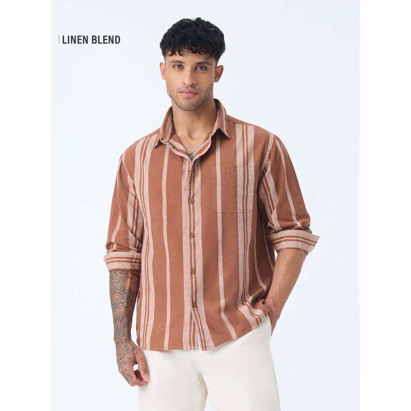 The Souled Store Cotton Linen Stripes Redwood Men's Cotton Linen Shirt