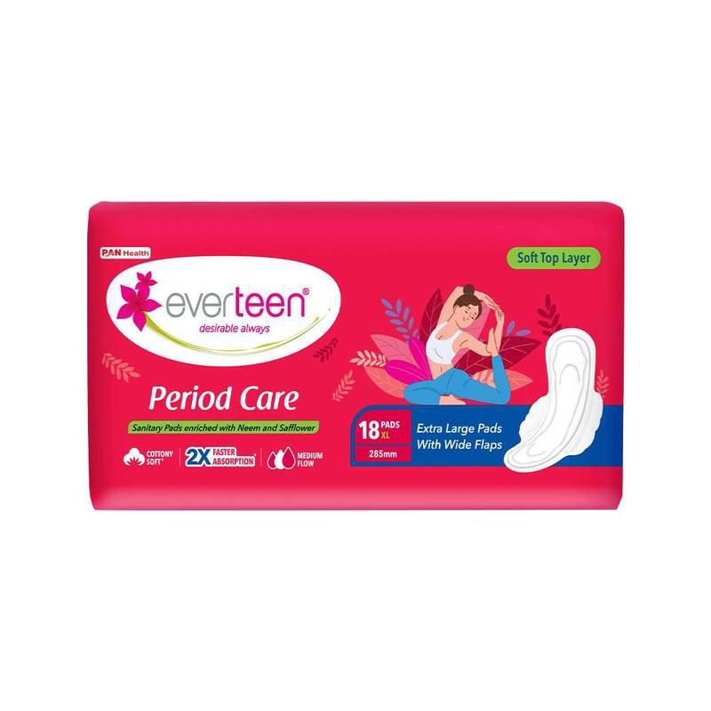 Everteen Period Care 18 Soft XL Sanitary Pads, 285mm, Medium Flow, Neem, Dermatologically Tested