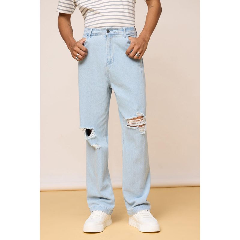 FREAKINS Men's Light Blue Straight Fit Jeans with Knee Rips (34)