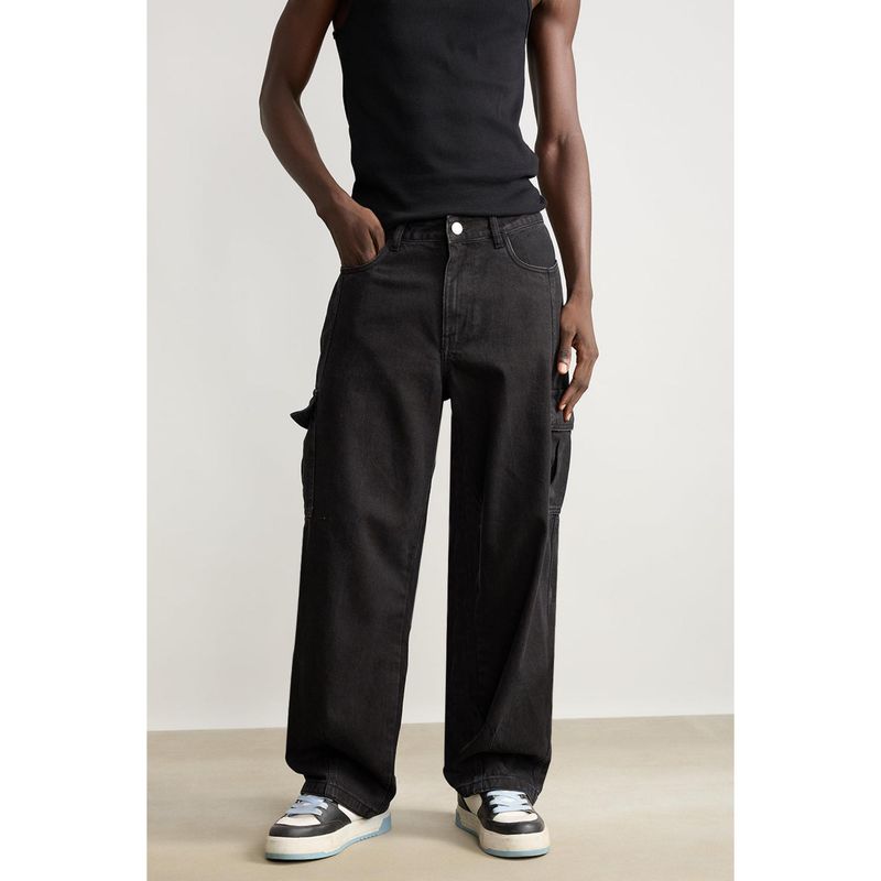 FREAKINS Straight Fit Men's Black Cargo Jeans (34)