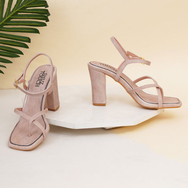 SHUZ TOUCH Peach Strappy Chunky Heels with Ankle Strap (EURO 36)