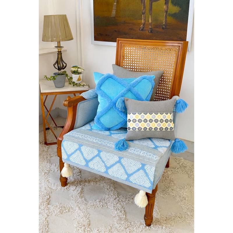 THROW PILLOW Grey Blue Geometric With White Corner Tassels Sofa Cover (1 Seater)