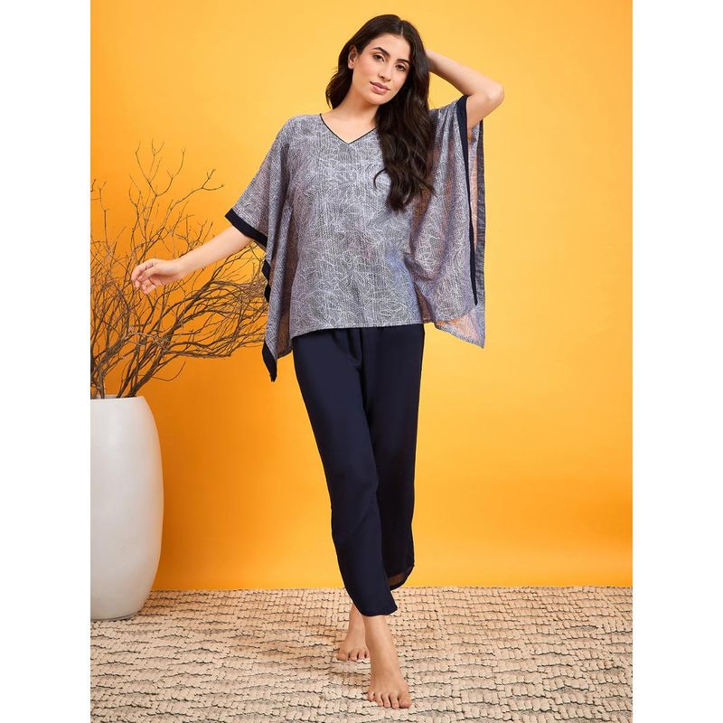 The Kaftan Company Blue Printed Dotted Kaftan Top with Pant (Set of 2) (S)