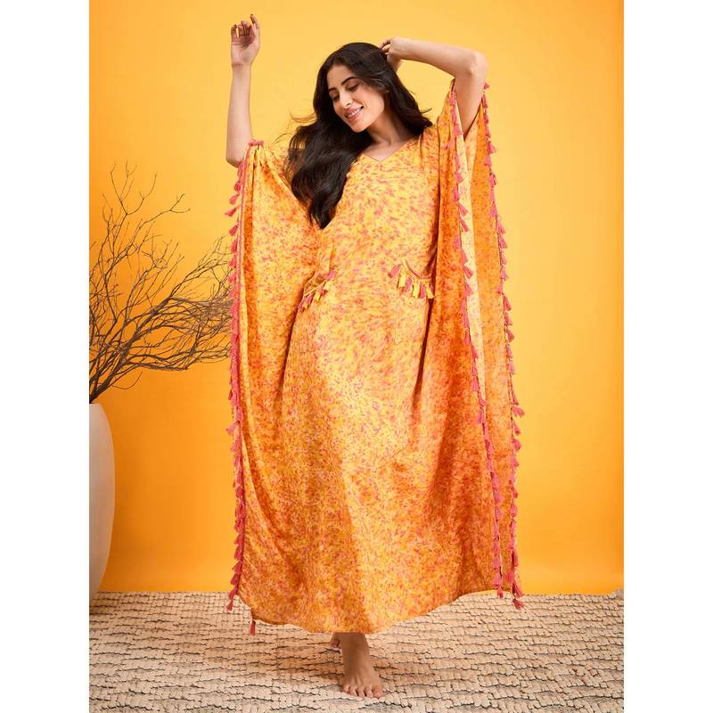 The Kaftan Company Scattered Strokes Yellow N Pink Lounge Dress (2XL)