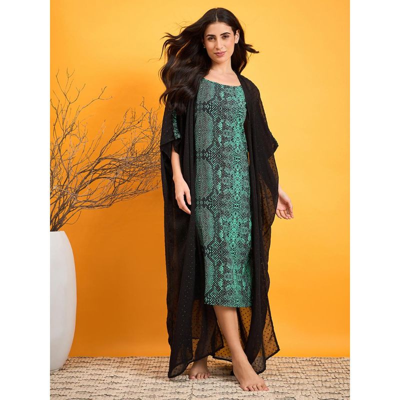 The Kaftan Company Black Dobby Kaftan Cover Up with Slip (Set of 2) (M)