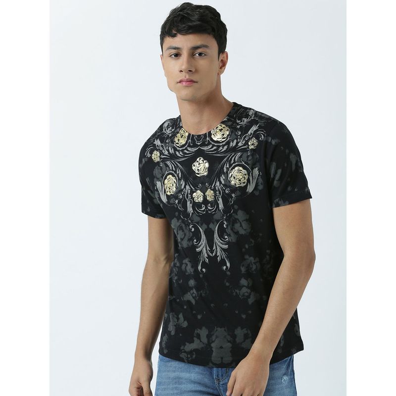 Huetrap Mens Printed Round Neck Black T-Shirt (XL)