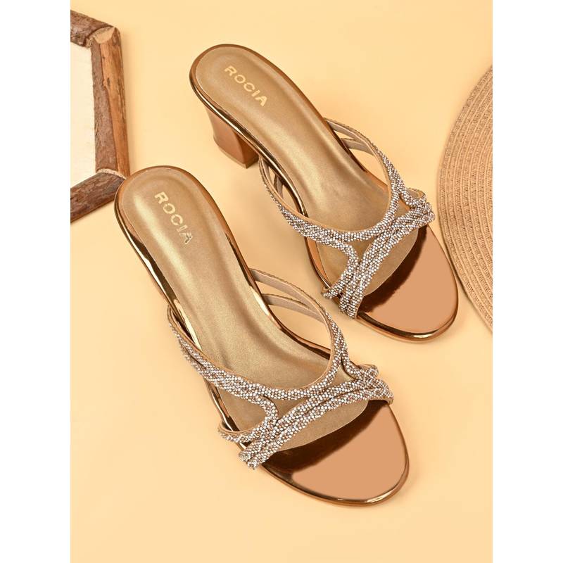 ROCIA Antique Gold Women Block Heels (EURO 36)