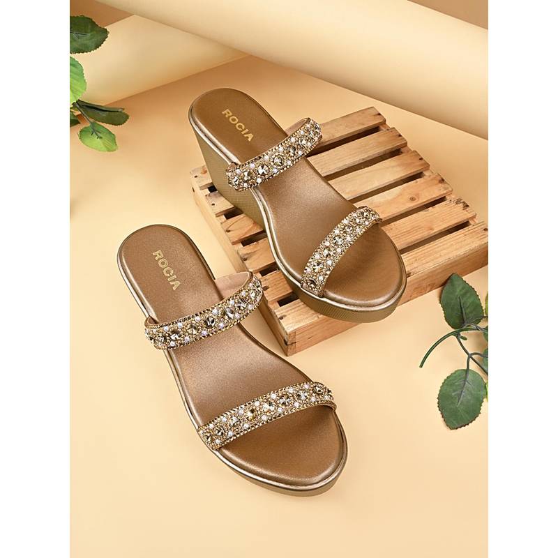 ROCIA Antique Gold Women Wedges Heels (EURO 36)