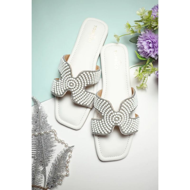 Toprico Criss Cross Beads Embellished White Flat (EURO 36)