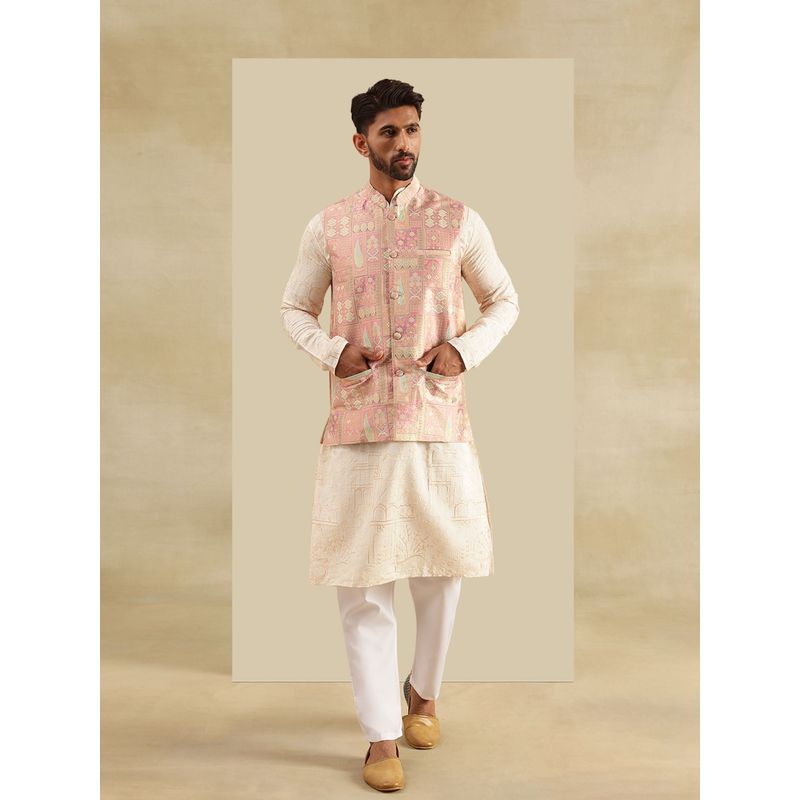 SOJANYA Cotton Silk Cream Kurta with Pyjama and Nehru Jacket (Set of 3) (44)