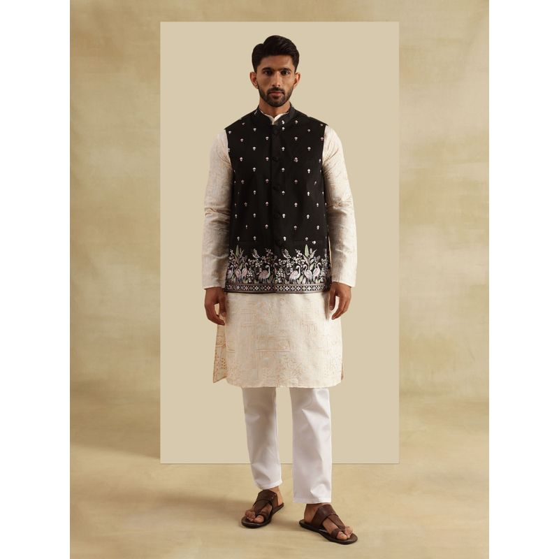 SOJANYA Cotton Silk Cream Kurta with Pyjama and Nehru Jacket (Set of 3) (36)
