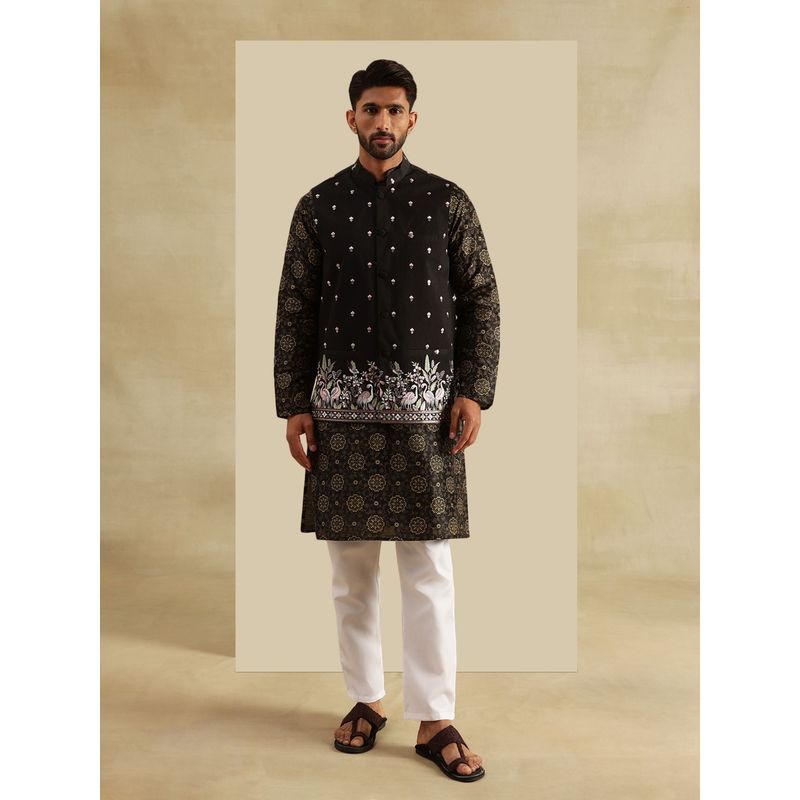SOJANYA Silk Blend Black Kurta with Pyjama and Nehru Jacket (Set of 3) (38)