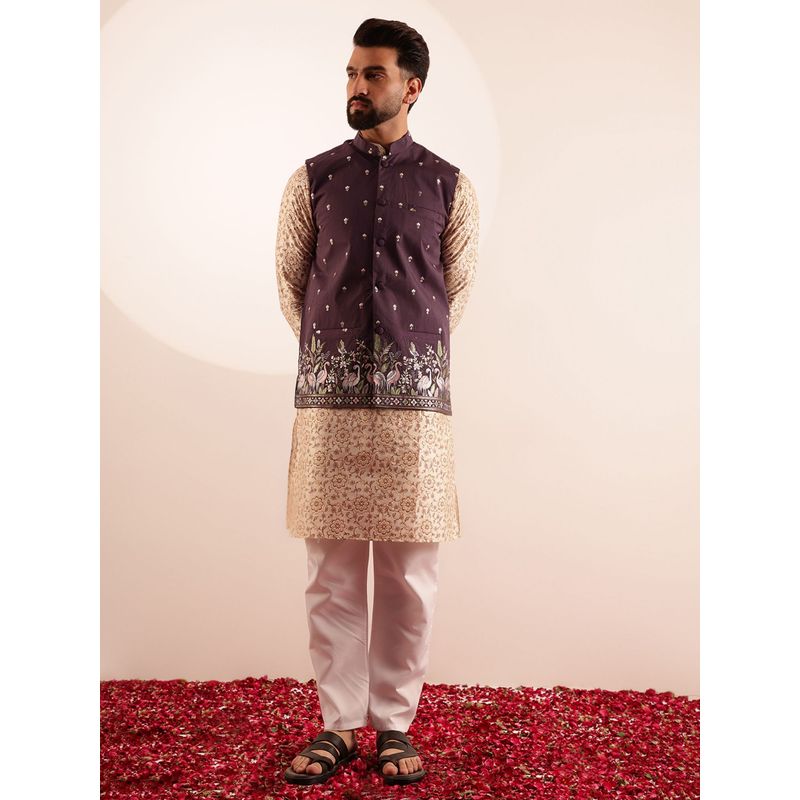 SOJANYA Silk Blend Cream Kurta with Pyjama and Nehru Jacket (Set of 3) (42)