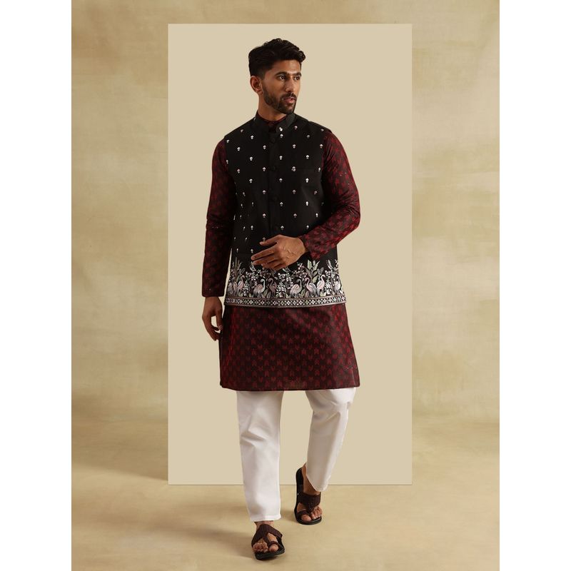 SOJANYA Jacquard Silk Kurta with Pyjama and Nehru Jacket (Set of 3) (40)