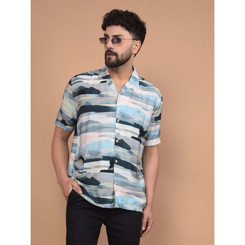 CRIMSOUNE CLUB Men's Multi-Colour Printed Cuban Collar Shirt (S)