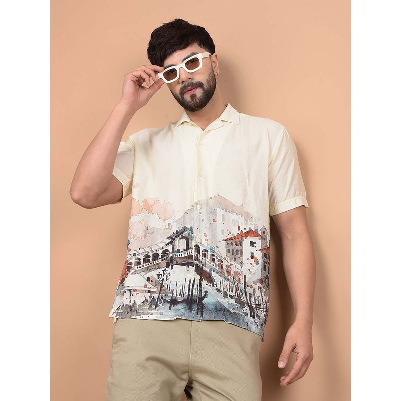 CRIMSOUNE CLUB Men's Yellow Printed Cuban Collar Shirt (M)