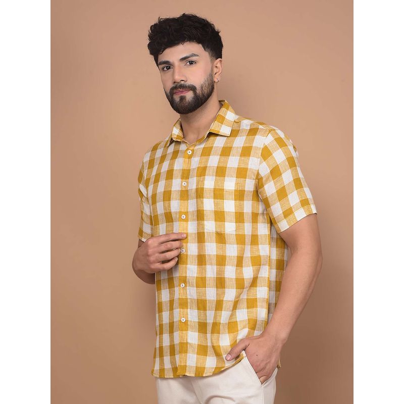 CRIMSOUNE CLUB Men's Mustard Checked Linen Shirt (2XL)