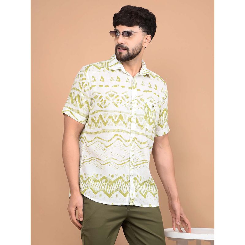CRIMSOUNE CLUB Men's Olive Printed Linen Shirt (M)